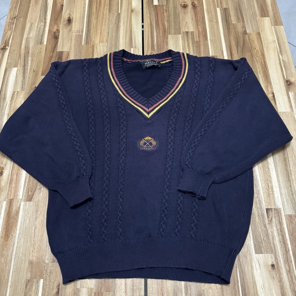 Vintage Jaeger Mens XL Blue Cable Knit Vneck Sweater Great Britain Embroidered